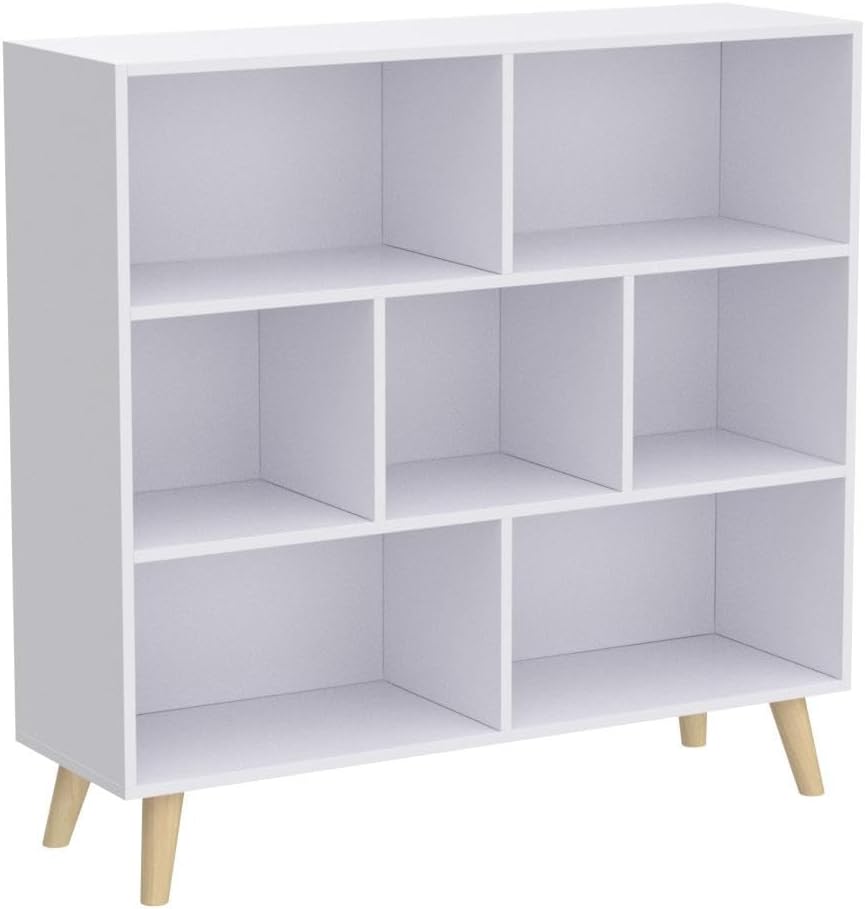 IOTXY Wooden Open Shelf Bookcase - 3-Tier Floorstanding Display Cabinet Rack with Legs, 7 Cubes