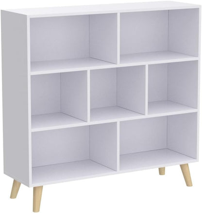 IOTXY Wooden Open Shelf Bookcase - 3-Tier Floorstanding Display Cabinet Rack with Legs, 7 Cubes