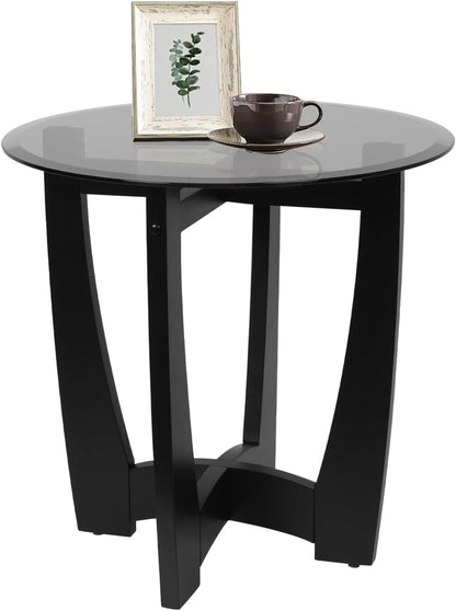 Glass End Table, 23.5" Round Side Tables with Black Tempered Glass Top Cross and Solid Wood Base