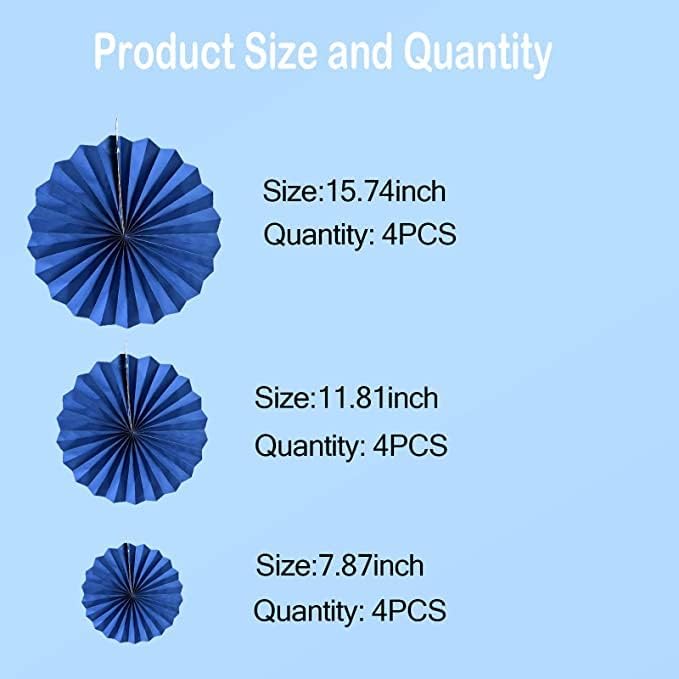 HQZ Blue Party Hanging Fans DIY Set - 12pcs Paper Fans, Pinwheels, Craft for Wedding, Birthday
