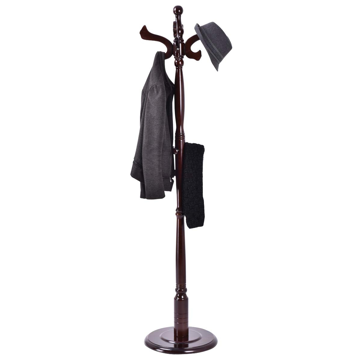 Tangkula 71" Free Standing Solid Wood Coat Hat Scarf Rack Hanger Tree Stand Home Furniture, Brown
