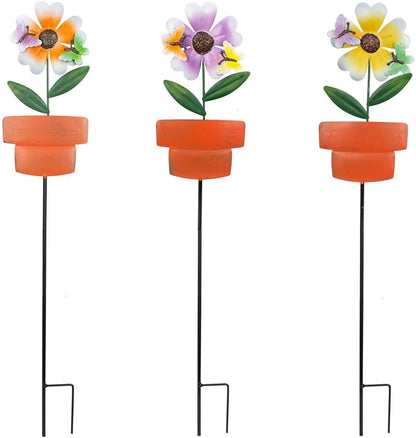 Metal Garden Stakes Decor,3 Pack Flowers Pot Decorative Garden Stakes, Waterproof Spring Outdoor