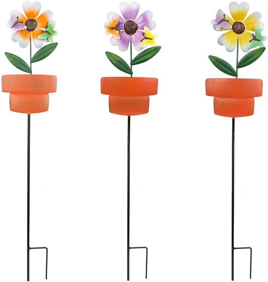 Metal Garden Stakes Decor,3 Pack Flowers Pot Decorative Garden Stakes, Waterproof Spring Outdoor
