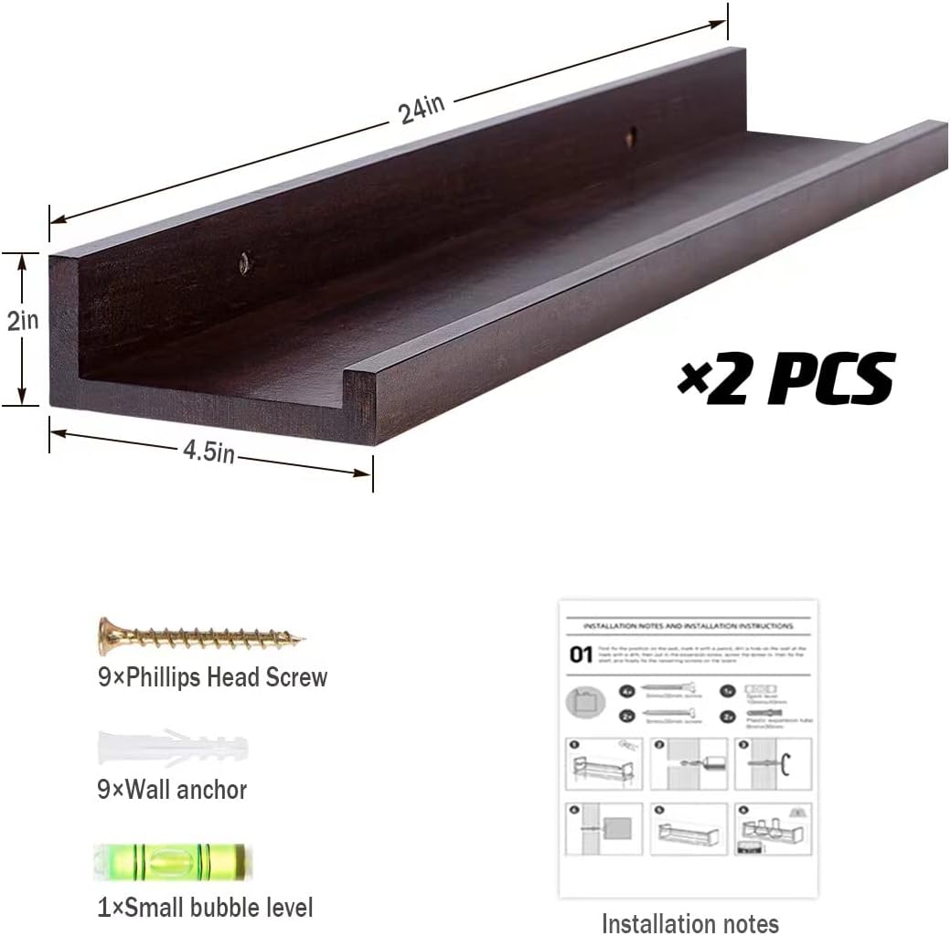 AZSKY Floating Book Shelves Wall Mounted Photo Shelf Picture Ledge Deep Walnut Display Shelves for