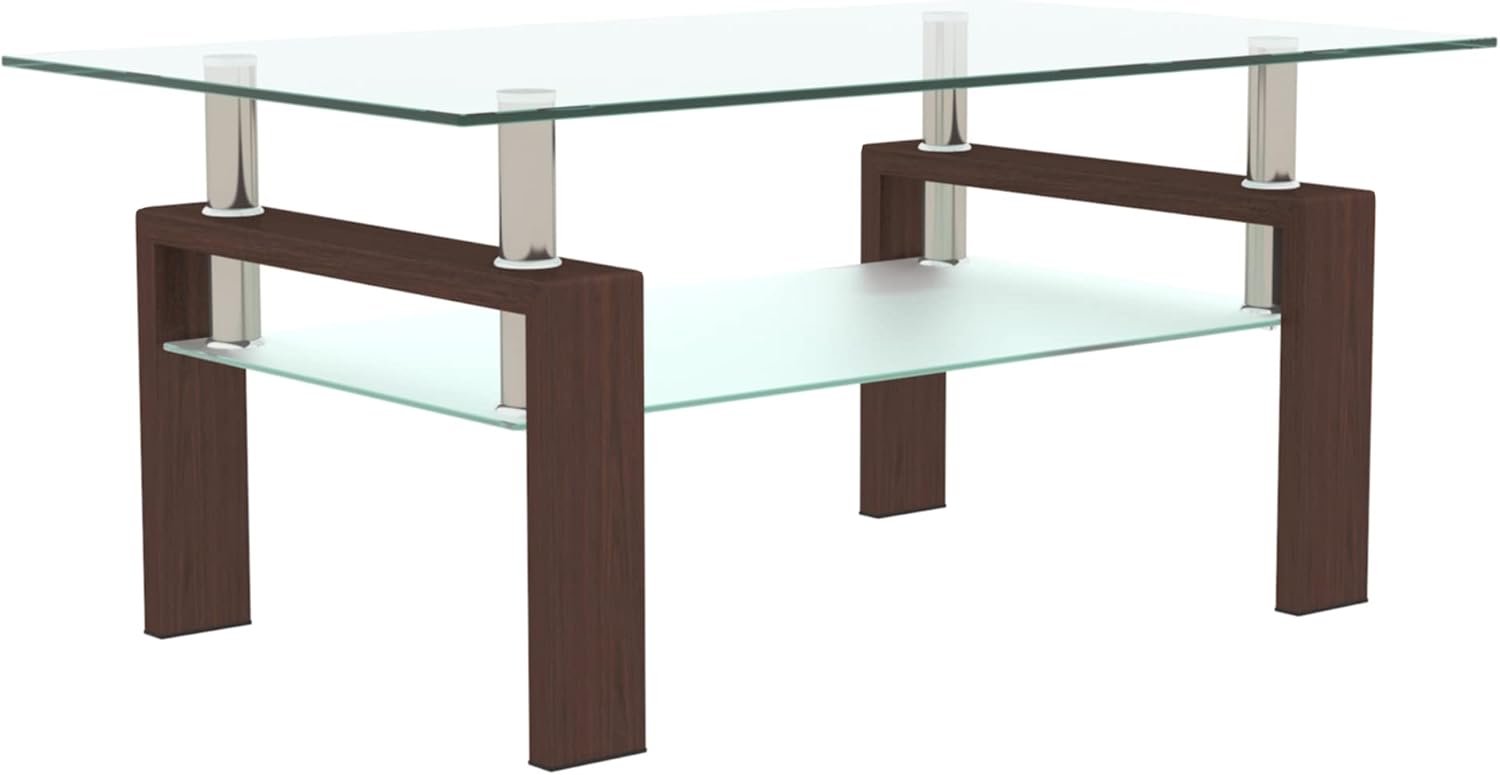 Glass Coffee Table for Living Room, Mordern Sofa Center Tables with Storage, Brown Metal Leg