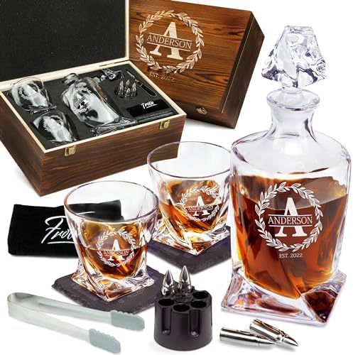Frolk Personalized Whiskey Decanter and Stones Set - Customized Gift for Him - Men, Dad, Father