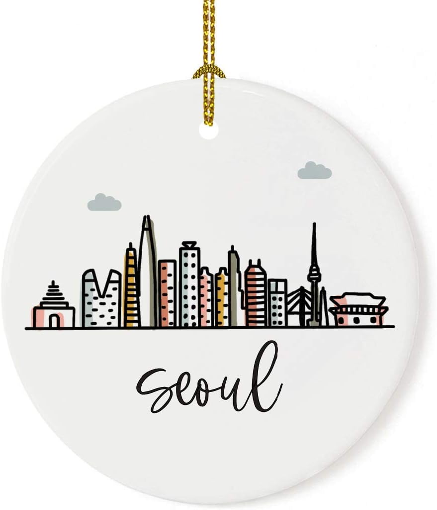 Andaz Press Round Ceramic Porcelain Christmas Tree Ornament Keepsake Gift, Seoul, Colorful