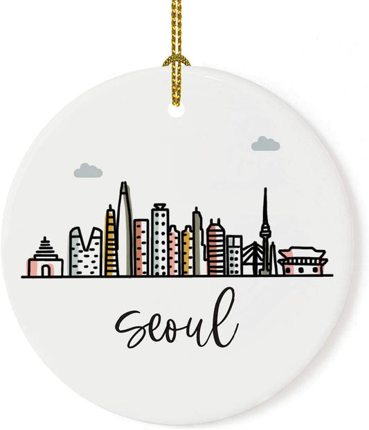 Andaz Press Round Ceramic Porcelain Christmas Tree Ornament Keepsake Gift, Seoul, Colorful
