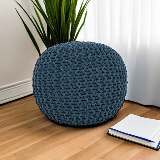 REDEARTH Round Pouf Bean Bag Ottoman - Foot Stool Hand Knitted - Home Decor Pouffe Stuffed - Cable
