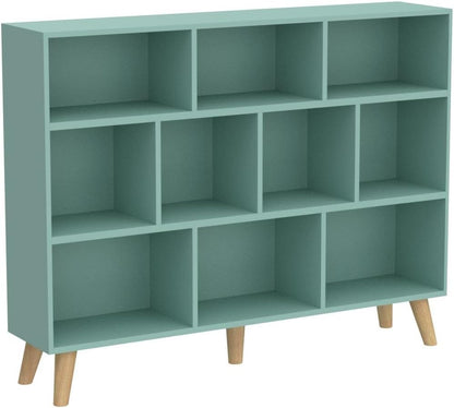 IOTXY Wooden Open Shelf Bookcase - 3-Tier Floor Standing Display Cabinet Rack with Legs, 10 Cubes