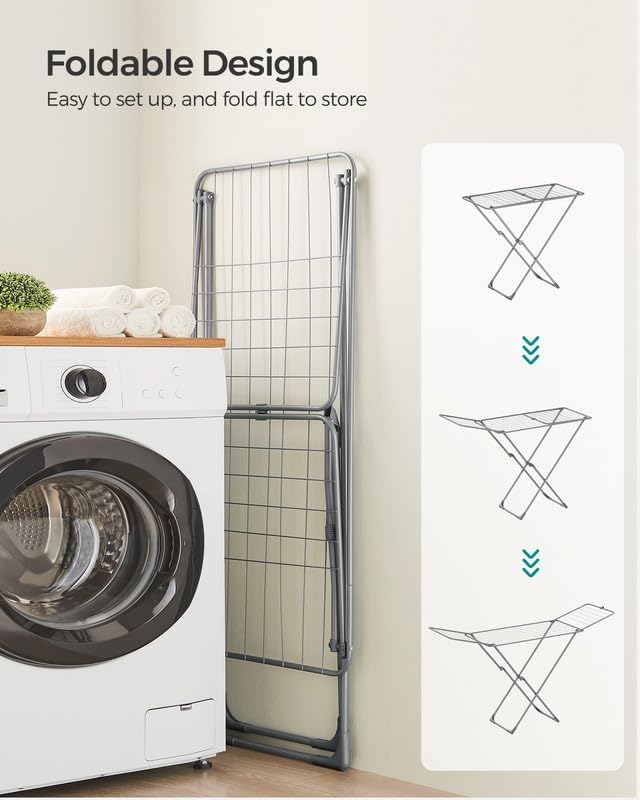 SONGMICS Clothes Drying Rack, Metal Laundry Drying Rack, Foldable, Space-Saving, Free-Standing