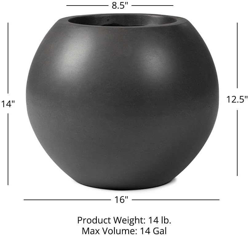 Ash & Ember Onyx 16" D Ceramic Indoor Outdoor Round Sphere Planter, Charcoal, Home Décor Evergreen