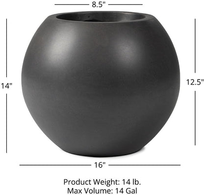 Ash & Ember Onyx 16" D Ceramic Indoor Outdoor Round Sphere Planter, Charcoal, Home Décor Evergreen