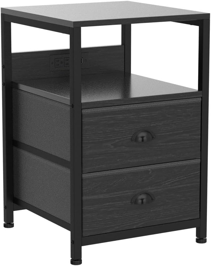 Furologee Nightstand Set of 2, Black Oak, with Charging Station and USB Ports, Side Tables with 2