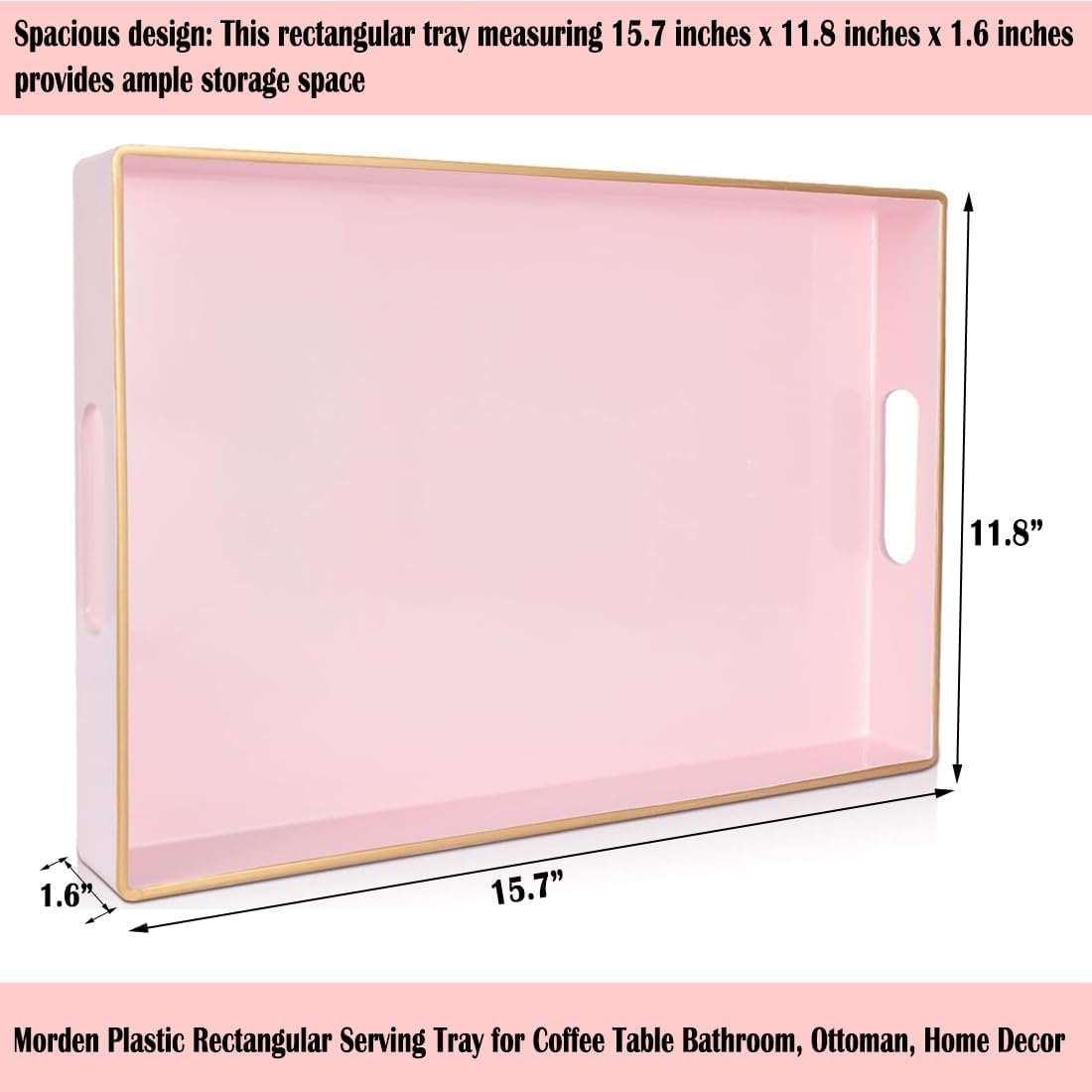 Large Pink Rectangular Decorative Tray – Plastic Serving Tray with Handles for Coffee Table