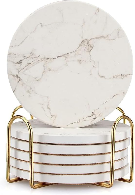 6 Pack White Marble Coaster Set with Holder Absorbent Drink Coasters Ceramic Cute Coaster Bar
