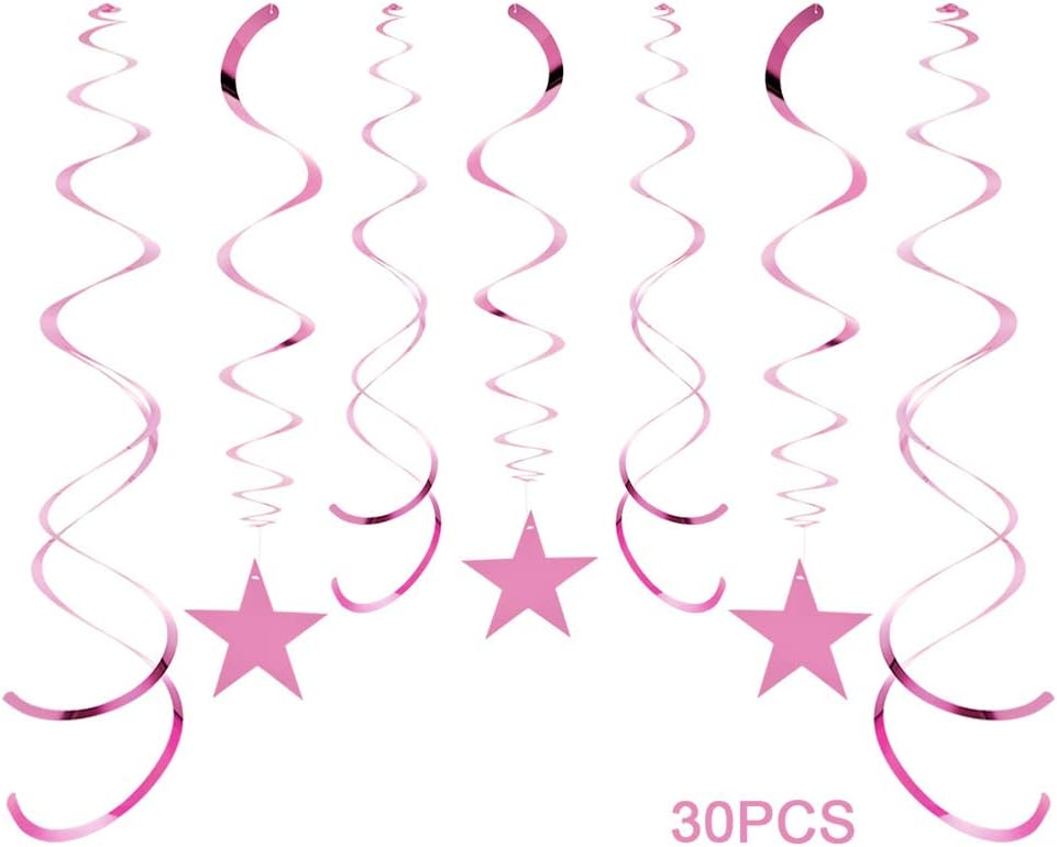 Star Party Hanging Swirls, 30 PCS, Pink Foil Ceiling Party Favors for Birthday Decorations