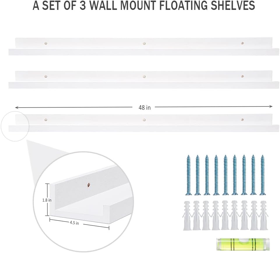 AZSKY 48 Inch White Large Picture Ledges Wood Photo Display Shelf Long Shallow Picture Shelf for
