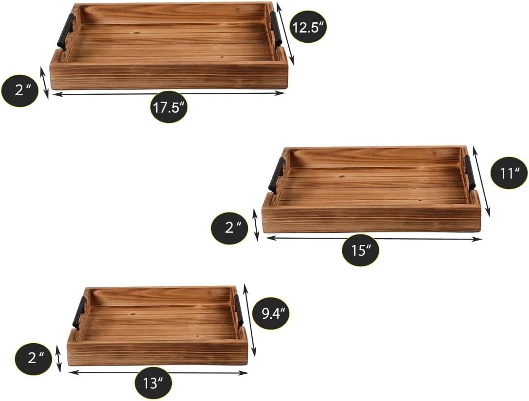3 Piece Coffee Table Tray Decorative Nested Vintage Wood Serving Tray Set for Eating, Breakfast