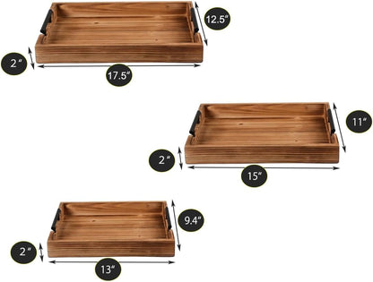 3 Piece Coffee Table Tray Decorative Nested Vintage Wood Serving Tray Set for Eating, Breakfast