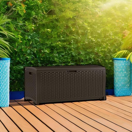 Suncast Outdoor Storage Box - 73 Gallon Mocha Brown Deck Box for Patio, Waterproof Outdoor Storage