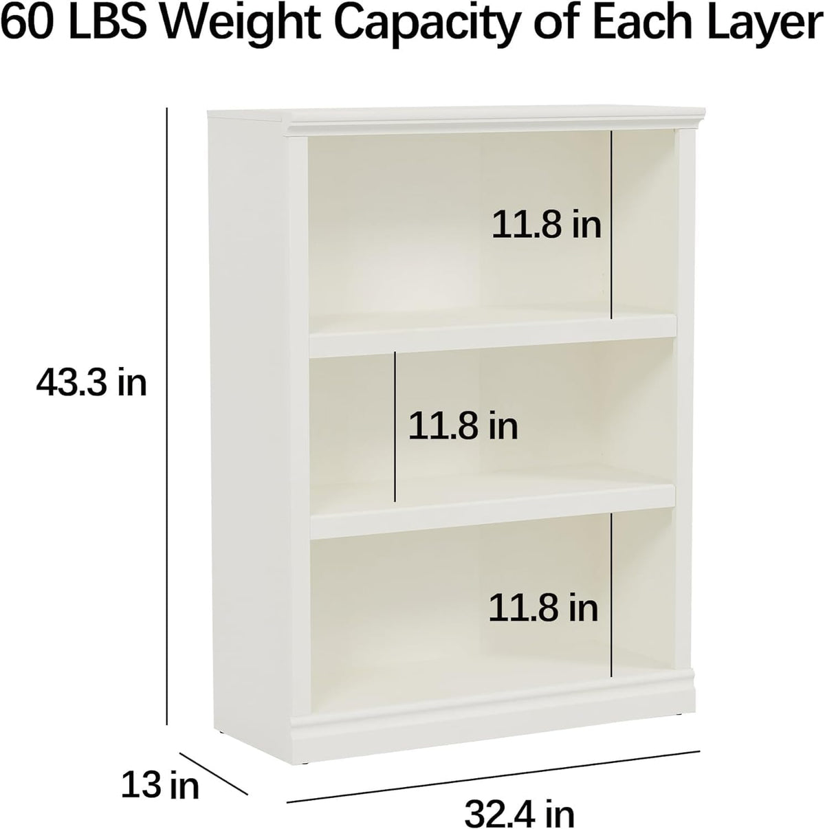 43 in Tall Bookcase, 3-Tier Bookshelf Open Storage, 33 inch Wide Floor Standing Indoor Furniture