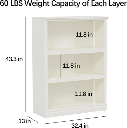 43 in Tall Bookcase, 3-Tier Bookshelf Open Storage, 33 inch Wide Floor Standing Indoor Furniture