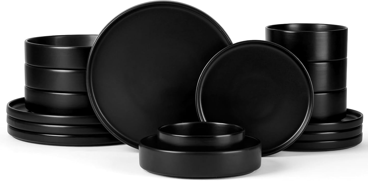 Onader 16 Piece Dinnerware Sets with Serving Bowls for 4, Stoneware Plates and Bowls Dish Sets