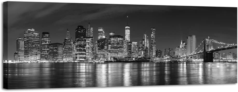 Wieco Art New York Manhattan Night View in Black and White Giclee Canvas Prints Modern Stretched