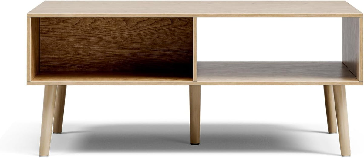 Coffee Table with Storage, Boho Dining Table with Fluted Drawer and Solid Wood Legs, Small Coffee