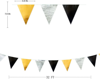 Black Gold Silver Party Decoration Triangle Pennant Banner Flag Metallic Fabric Bunting Garland for