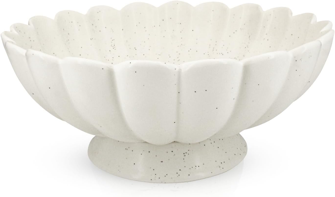 Large Fruit Bowl for Kitchen Counter-10.6" White Ceramic Fluted Scalloped Decorative Footed Bowl