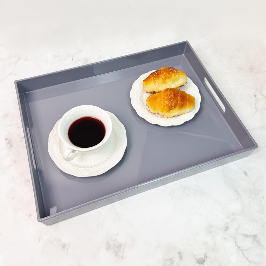 Grey Decorative Tray, Rectangular Large Serving Tray with Handles, Plastic Coffee Table Tray for