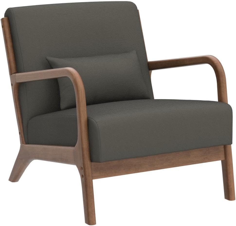 INZOY Mid Century Modern Accent Chair with Wood Frame, Upholstered Living Room Chairs with Waist