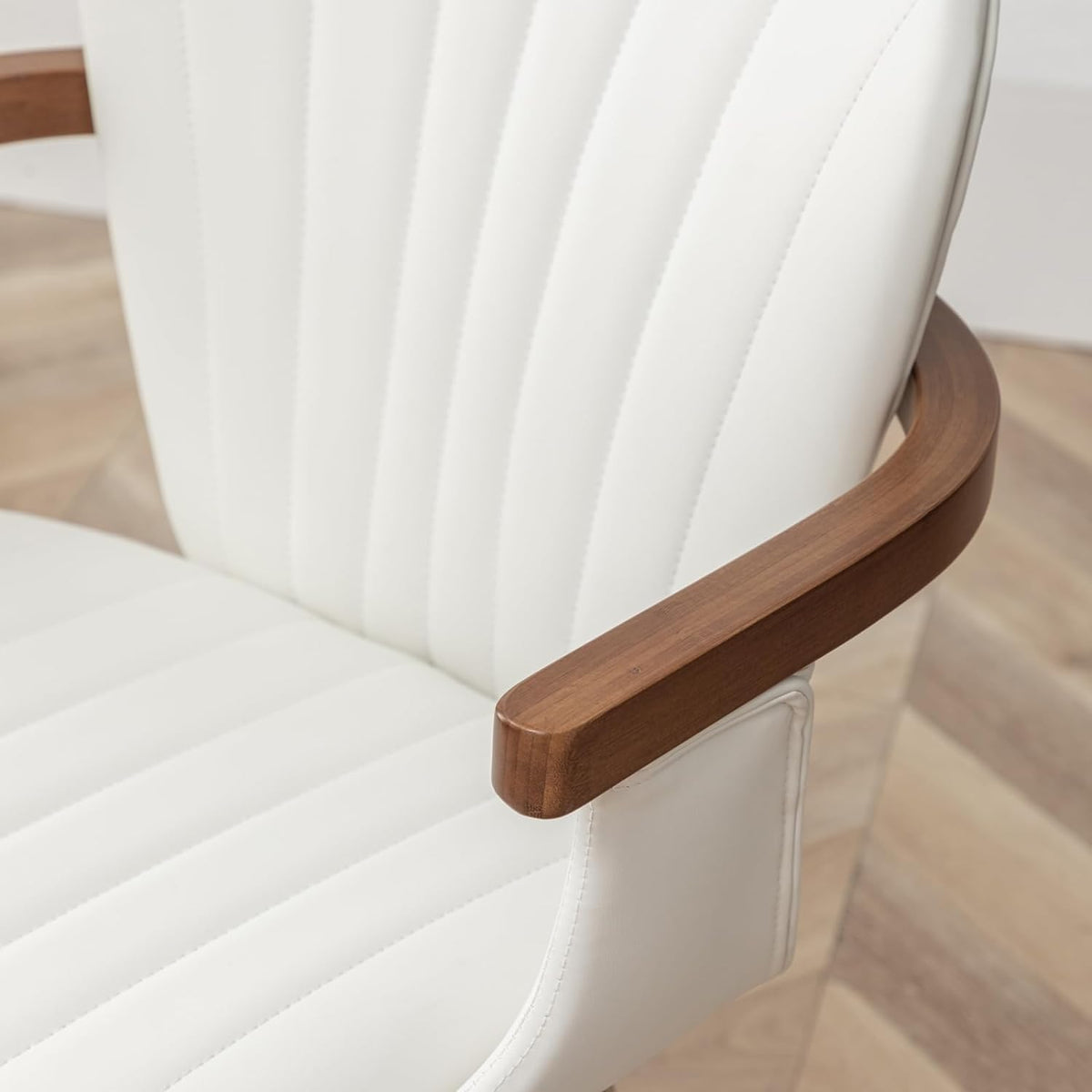 LUNLING Swivel Dining Chairs, Mid Century Modern White Faux Leather Kitchen Chairs with Arms,Bamboo