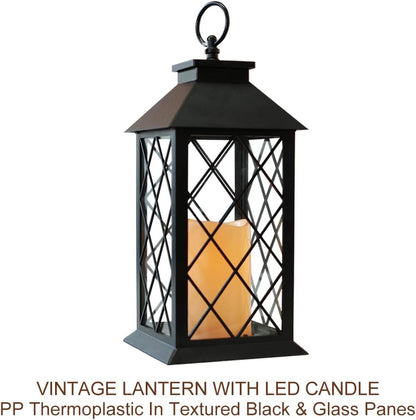 Bright Zeal 13.5" Black Vintage Candle Lantern with LED Pillar Candle and Timer - IP44 Waterproof