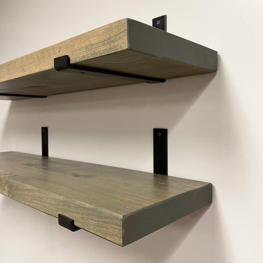 Rustic Shelves with J-Brackets Set of 2, Industrial Shelf, Kitchen Shelves, Solid Wood, Decorative