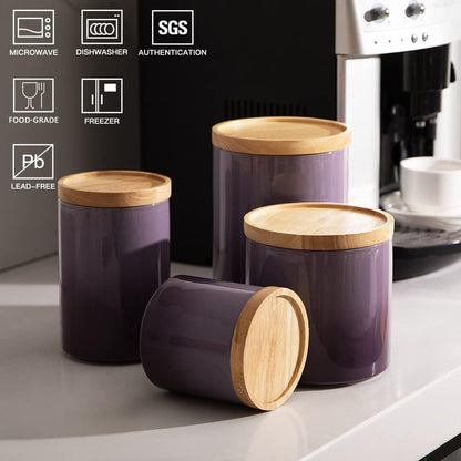 Sweejar Ceramic Food Storage Jar, Stackable Kitchen Canisters, Containers with Airtight Seal Wooden