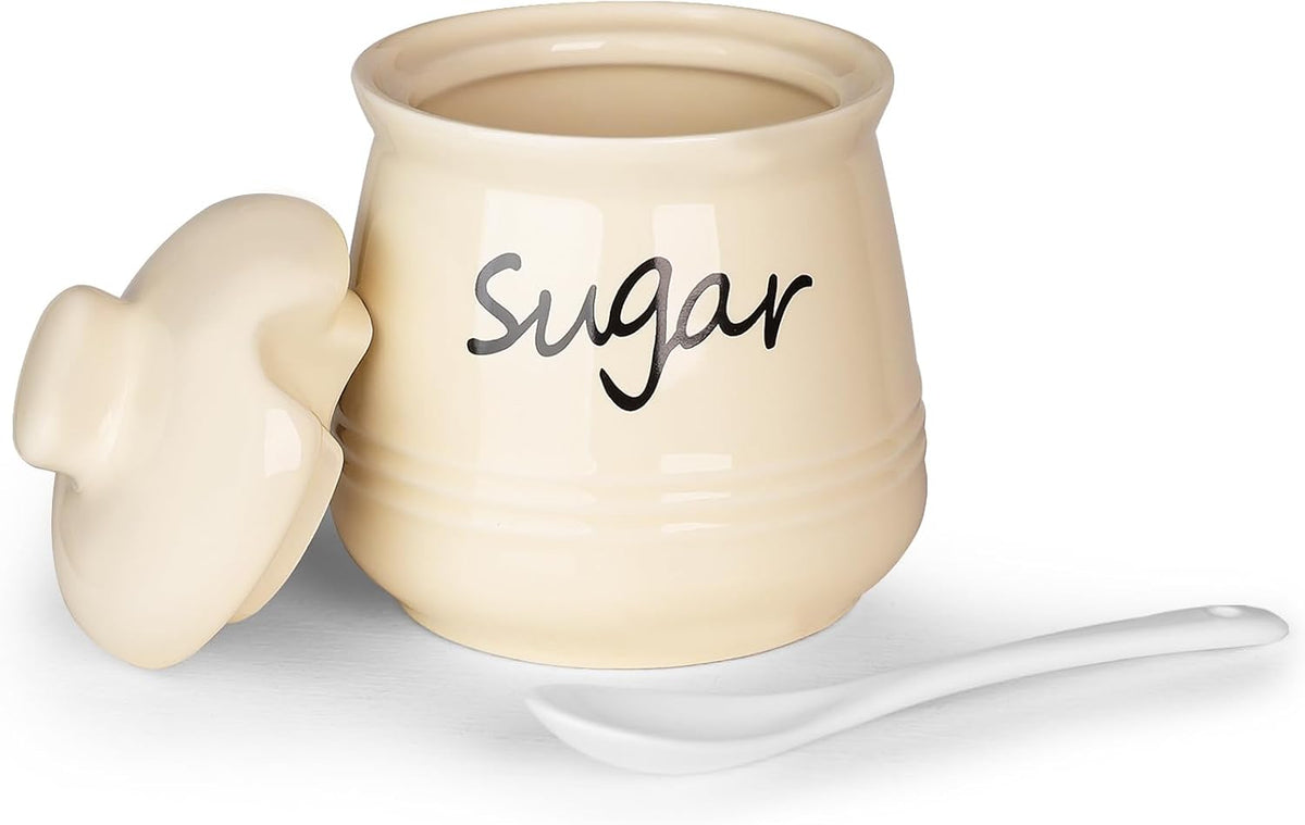 HAOTOP 12oz Sugar Bowl with Lid and Spoon,Ceramic Sugar Jar Sugar Dispenser Sugar Container Coffee