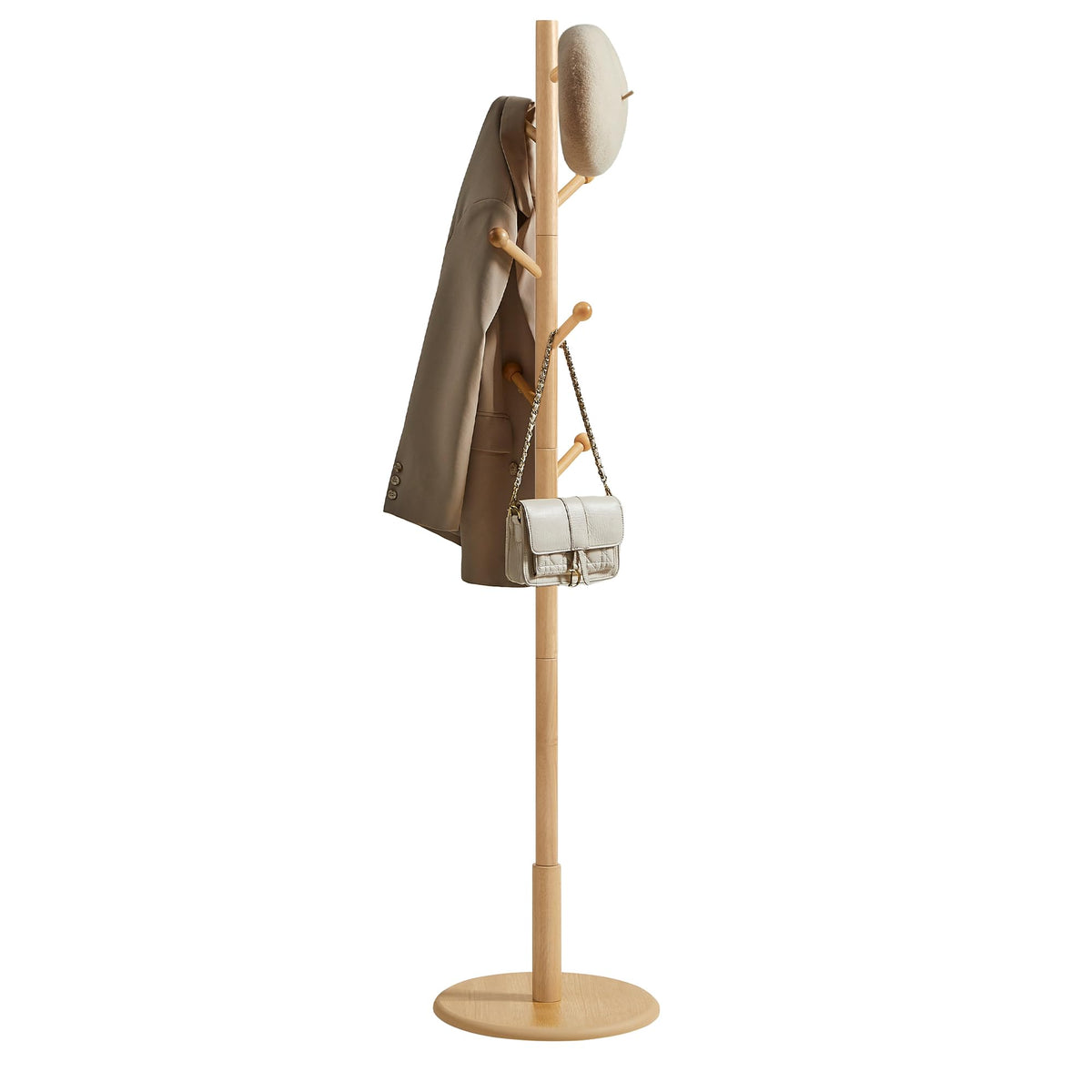 VASAGLE Solid Wood Coat Rack, Free Standing Hall Coat Tree with 7 Hooks, 3 Height Options, for