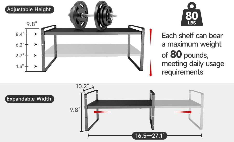 16.5~27.1" Expandable Shelf Organizer, 1Pack 10.2" Wide Stackable Cabinet Shelf Organizers, Black