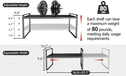 16.5~27.1" Expandable Shelf Organizer, 1Pack 10.2" Wide Stackable Cabinet Shelf Organizers, Black