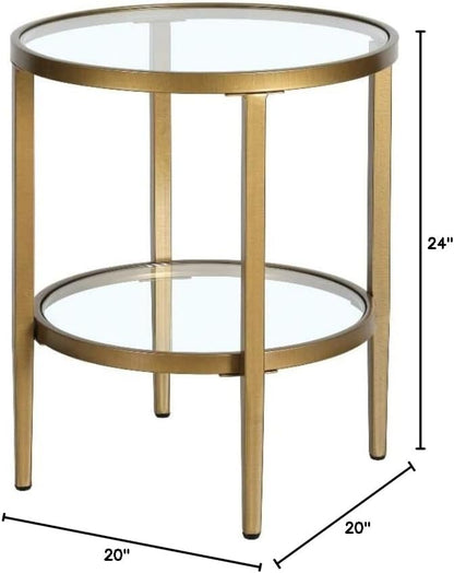 Henn&Hart 20" Wide Round Side Table with Glass Shelf in Antique Brass, Table for Living Room