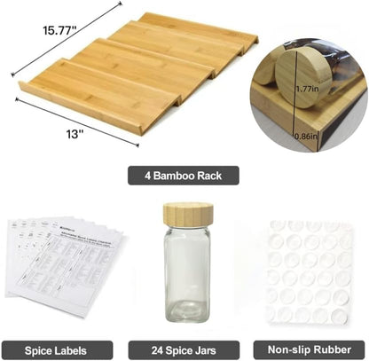 Spice Drawer Organizer with 24 Bamboo-lidded Spice Jars and 216 Labels,Non-slip Rubber, Bamboo 4