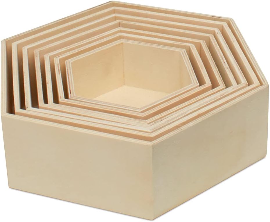 Wooden Hexagon Floating Shelves with Backs, Set of 7, Unfinished for Crafts and DIY Wall Décor: