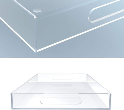 Clear Acrylic Serving Tray for Vanity, Bathroom, Outdoor, Food and Décor with Handles (Rectangle
