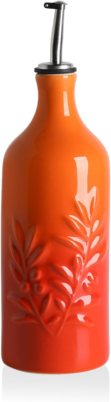 Sweejar Ceramic Olive Oil Dispenser Bottle, 20 Oz Relief Opaque Oil Cruet Protects To Reduce