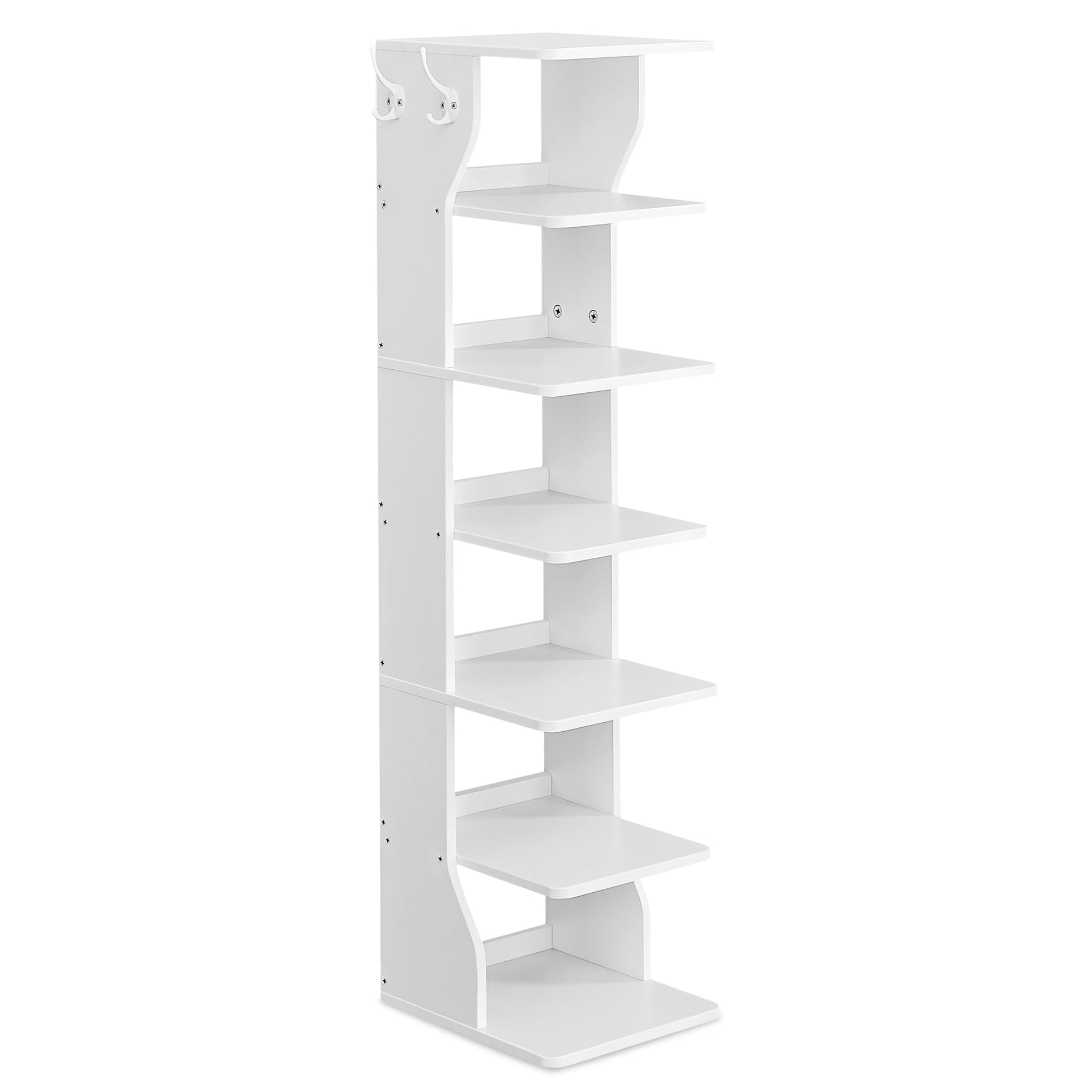 VASAGLE 7-Tier Vertical Shoe Rack, Narrow Shoe Storage Organizer with Hooks, Slim Corner Tower
