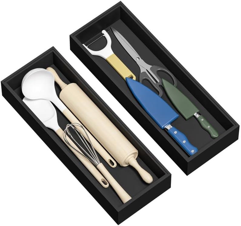 Kitchen Drawer Organizer Tray, Stackable Black Bamboo Drawer Organizer for Large Silverware