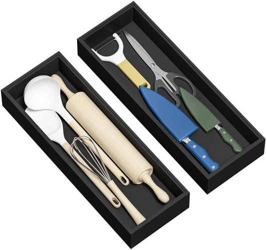 Kitchen Drawer Organizer Tray, Stackable Black Bamboo Drawer Organizer for Large Silverware